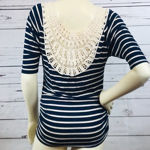 Lace Back Navy and White Shirt Size S EUC